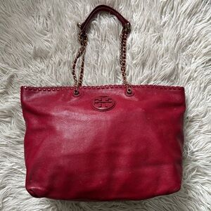 Tory Burch Marion Whipstitch Red Logo Braided Handle Pebble Leather Tote Bag O/S